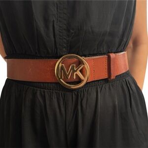 Michael Kors Cognac Belt with Gold MK Circle Buckle